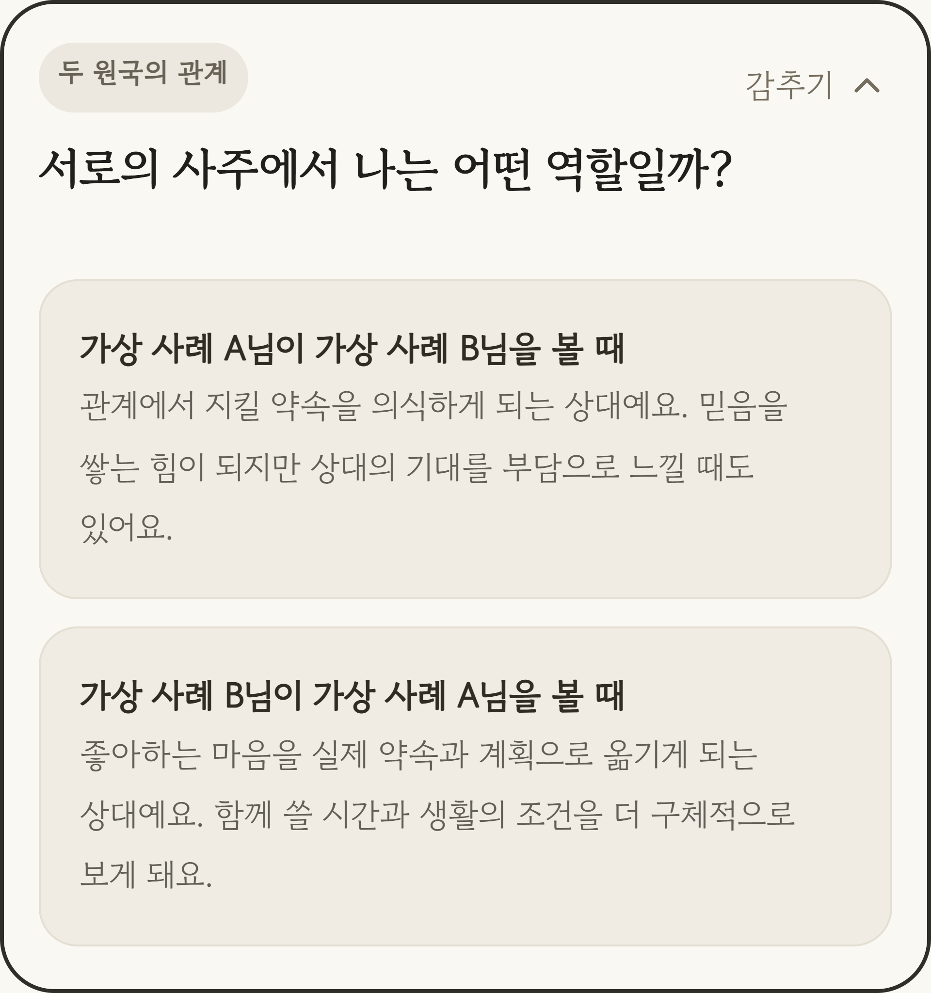 가상 사례 두 사람이 서로를 어떤 상대로 느끼는지 각자의 입장에서 쉬운 말로 풀어낸 궁합 결과 화면